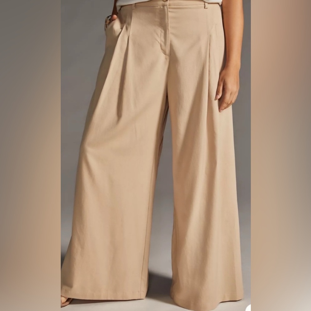 Anthropologie Tan Pleated Wide Leg Lightweight Linen Pants